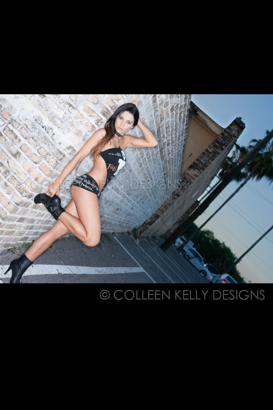 Colleen Kelly Designs Swimwear Style #205 Image of Joan Jett Custom <em>Fetish</em> Tour Custom Shorts Bikini